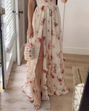 Ärmelloses Damen-Maxikleid mit Blumenmuster, Schlitz und Rüschen-Saum