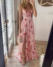 Ärmelloses Damen-Maxikleid mit Blumenmuster, Schlitz und Rüschen-Saum