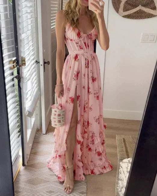 Ärmelloses Damen-Maxikleid mit Blumenmuster, Schlitz und Rüschen-Saum