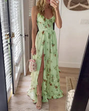 Ärmelloses Damen-Maxikleid mit Blumenmuster, Schlitz und Rüschen-Saum
