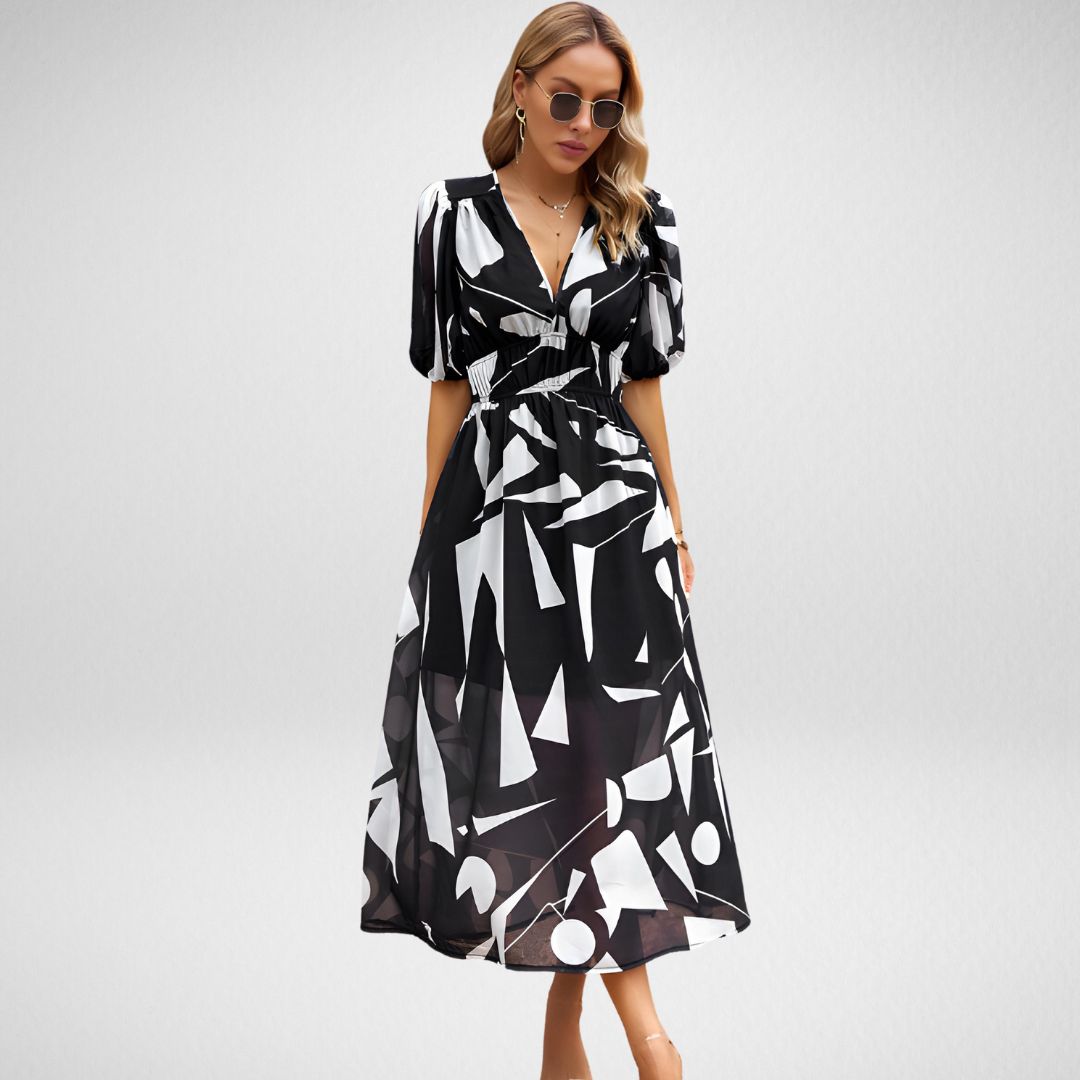 Boho-Maxikleid für Damen in A-Linie mit gesmokter Taille und Print