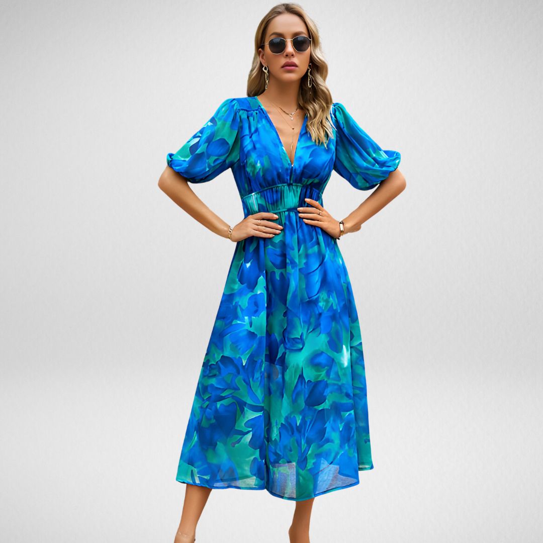 Boho-Maxikleid für Damen in A-Linie mit gesmokter Taille und Print