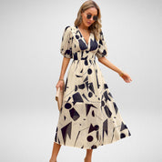 Boho-Maxikleid für Damen in A-Linie mit gesmokter Taille und Print