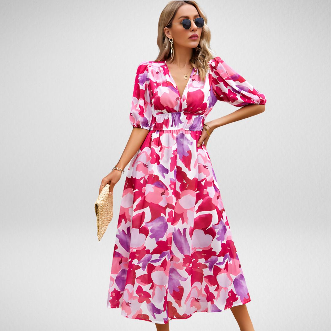 Boho-Maxikleid für Damen in A-Linie mit gesmokter Taille und Print