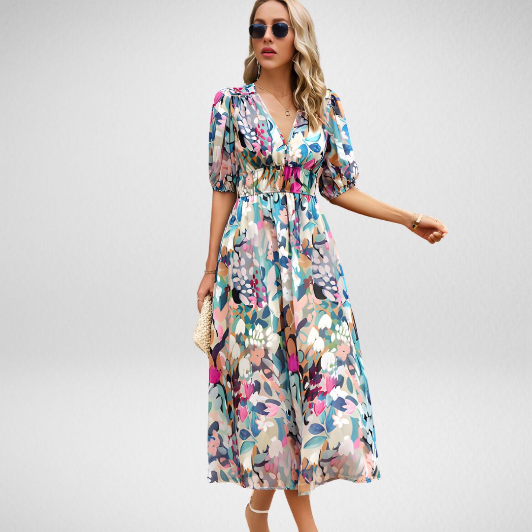 Boho-Maxikleid für Damen in A-Linie mit gesmokter Taille und Print