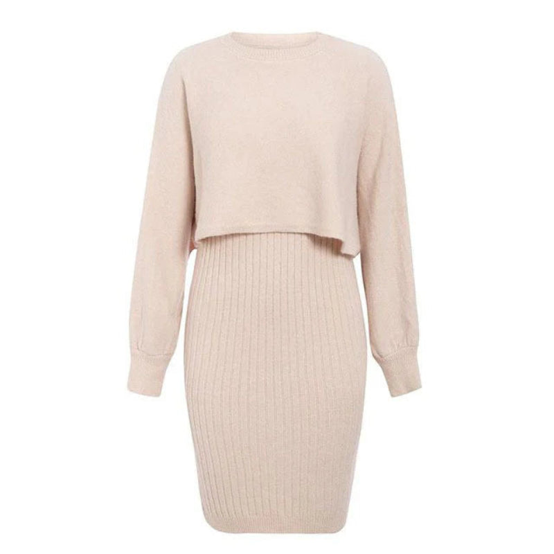Zweiteiliges Set für Damen mit geripptem Midirock und kurzem Pullover Oberteil