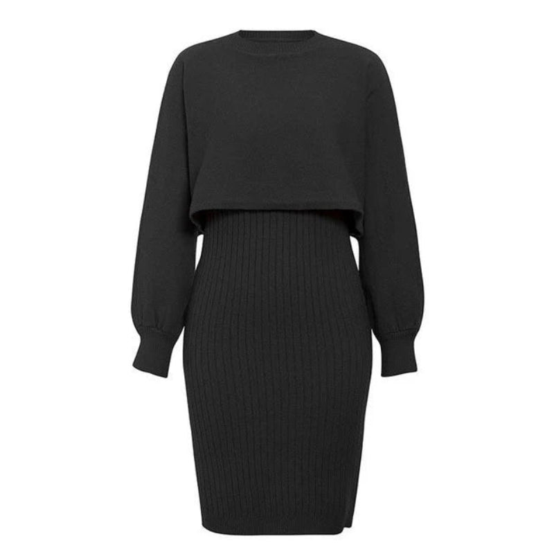Zweiteiliges Set für Damen mit geripptem Midirock und kurzem Pullover Oberteil