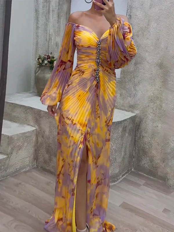 Abendkleid für Damen mit V-Ausschnitt, Falten und Schlitz vorne