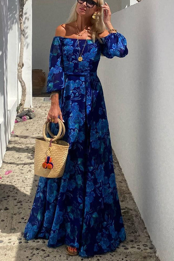 Blumiges Maxikleid für Damen mit schulterfreiem Ausschnitt und Puffärmeln