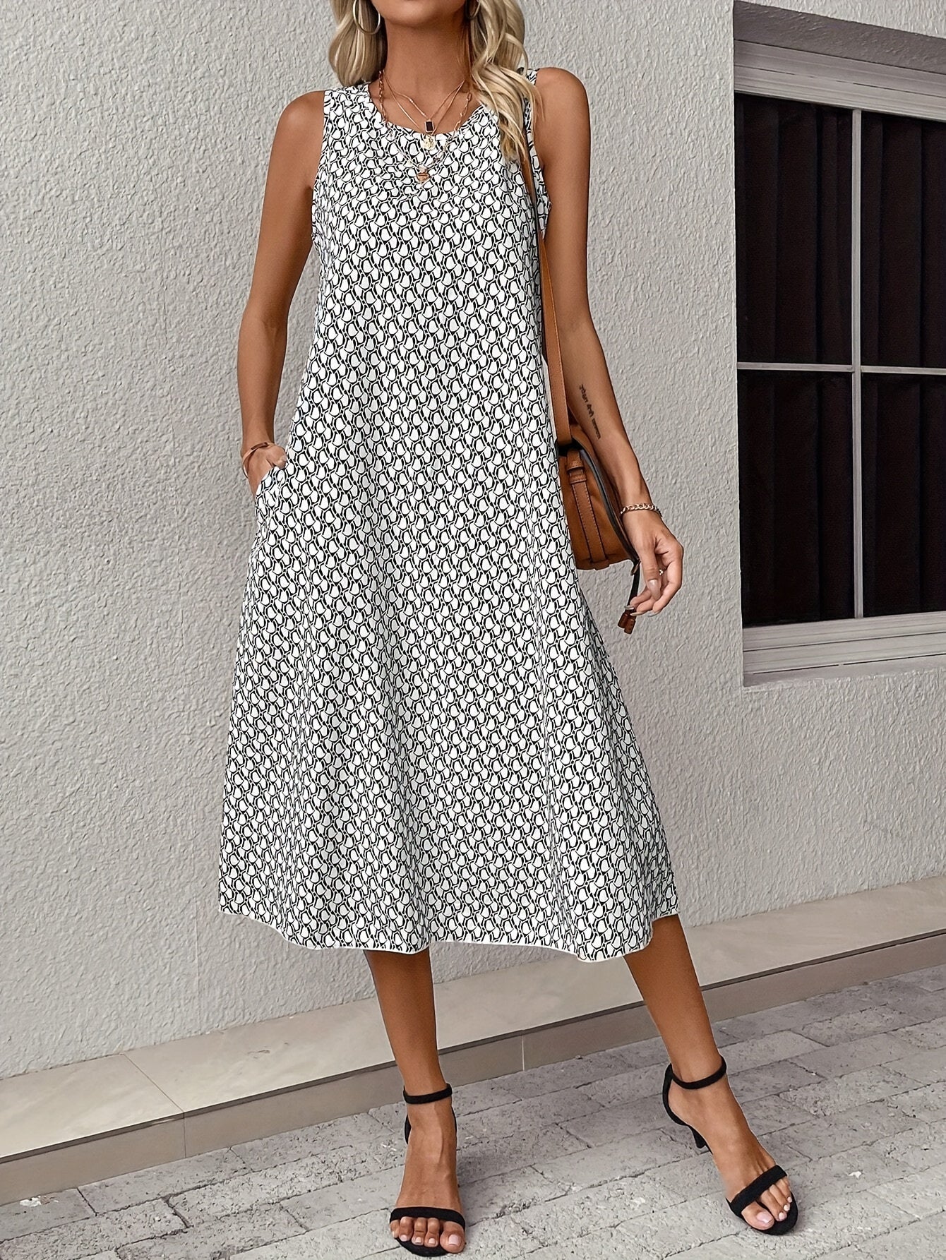 Ärmelloses Midikleid für Damen mit abstraktem roten Print