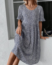 Damen-Midikleid mit Blumenmuster, kurzen Ärmeln und Rundhalsausschnitt