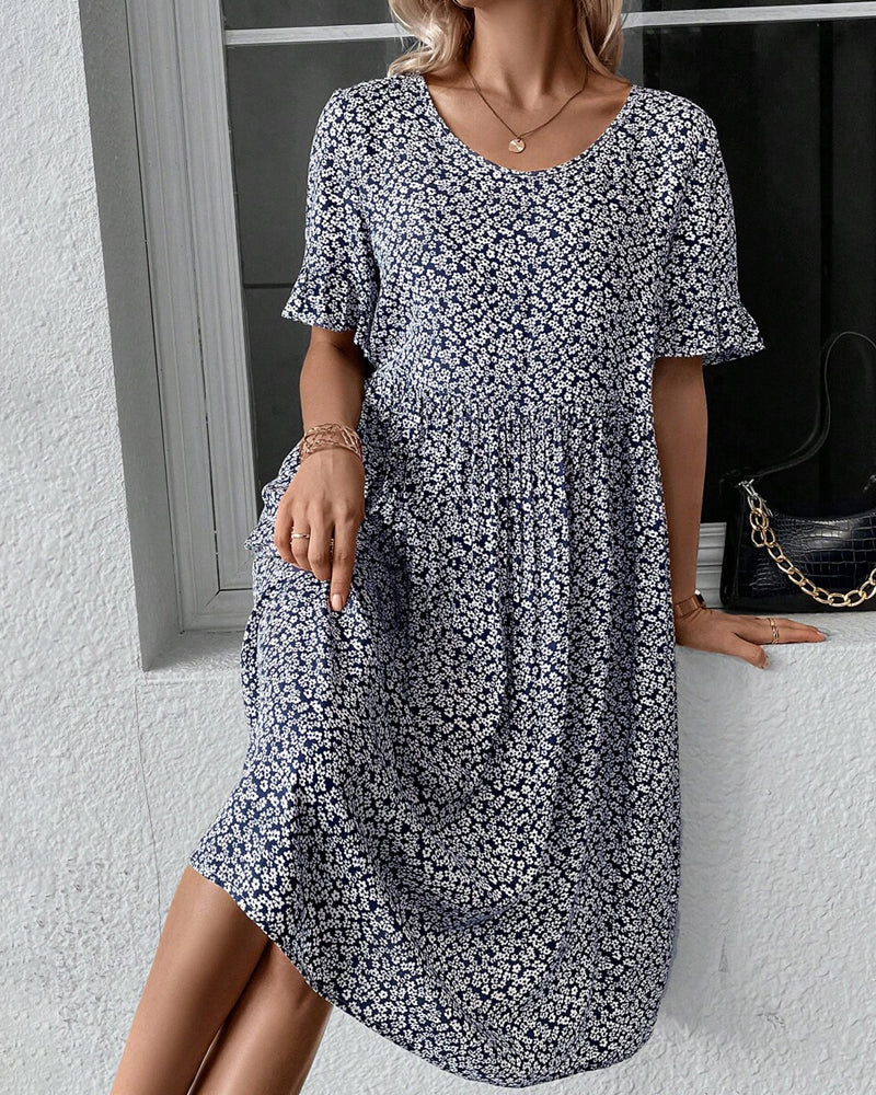 Damen-Freizeitkleid in A-Linie mit Blumenmuster und kurzen Rüschenärmeln