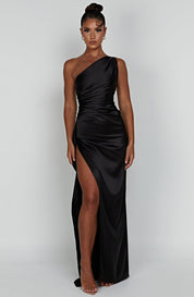 Satin-Maxikleid für Damen mit einem Träger und hohem Beinschlitz