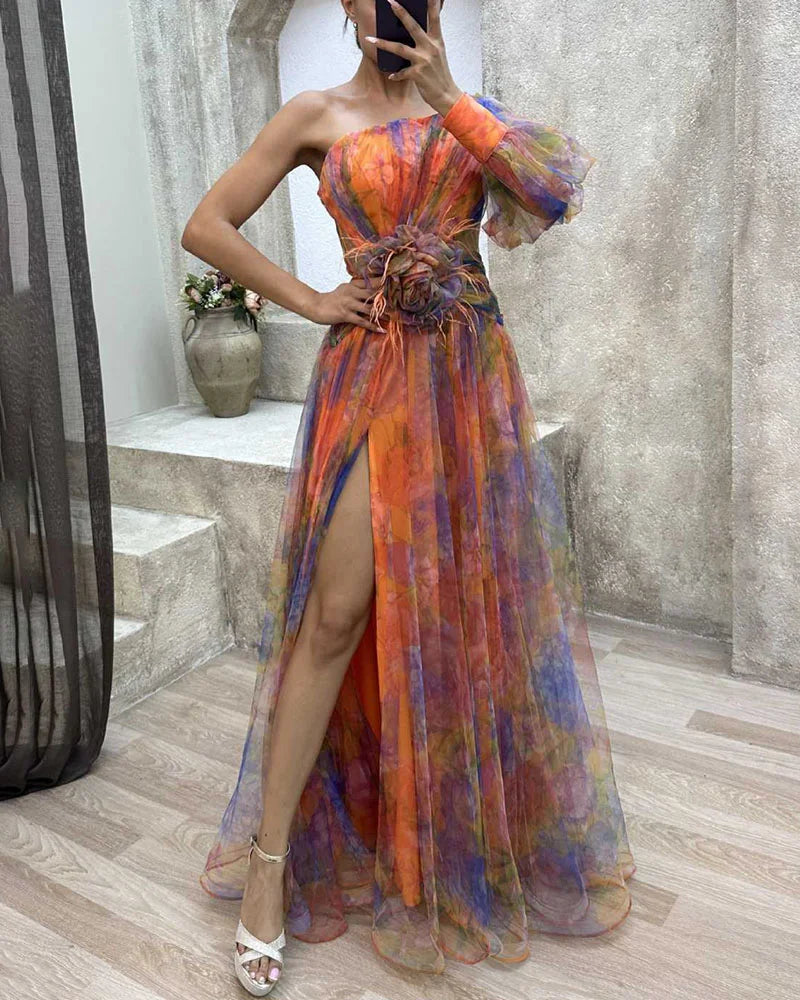 Ein-Schulter-Maxikleid aus Chiffon für Damen mit floralem Überwurf