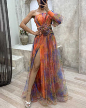 Ein-Schulter-Maxikleid aus Chiffon für Damen mit floralem Überwurf