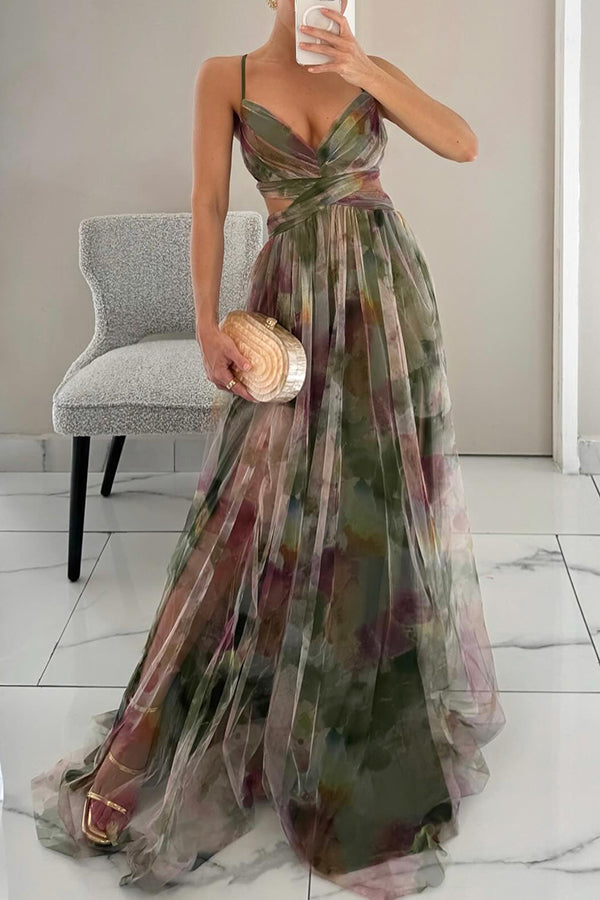 Maxi-Cocktailkleid für Damen mit Mesh-Überzug und V-Ausschnitt