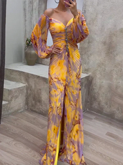 Abendkleid für Damen mit V-Ausschnitt, Falten und Schlitz vorne