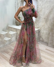 Ein-Schulter-Maxikleid aus Chiffon für Damen mit floralem Überwurf
