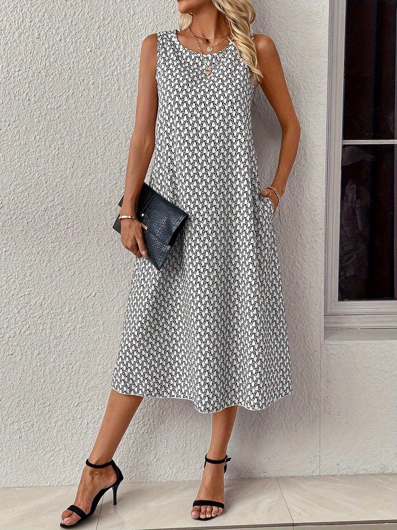 Ärmelloses Midikleid für Damen mit abstraktem roten Print