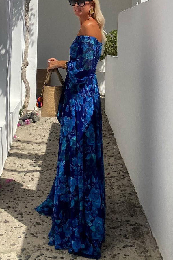 Blumiges Maxikleid für Damen mit schulterfreiem Ausschnitt und Puffärmeln