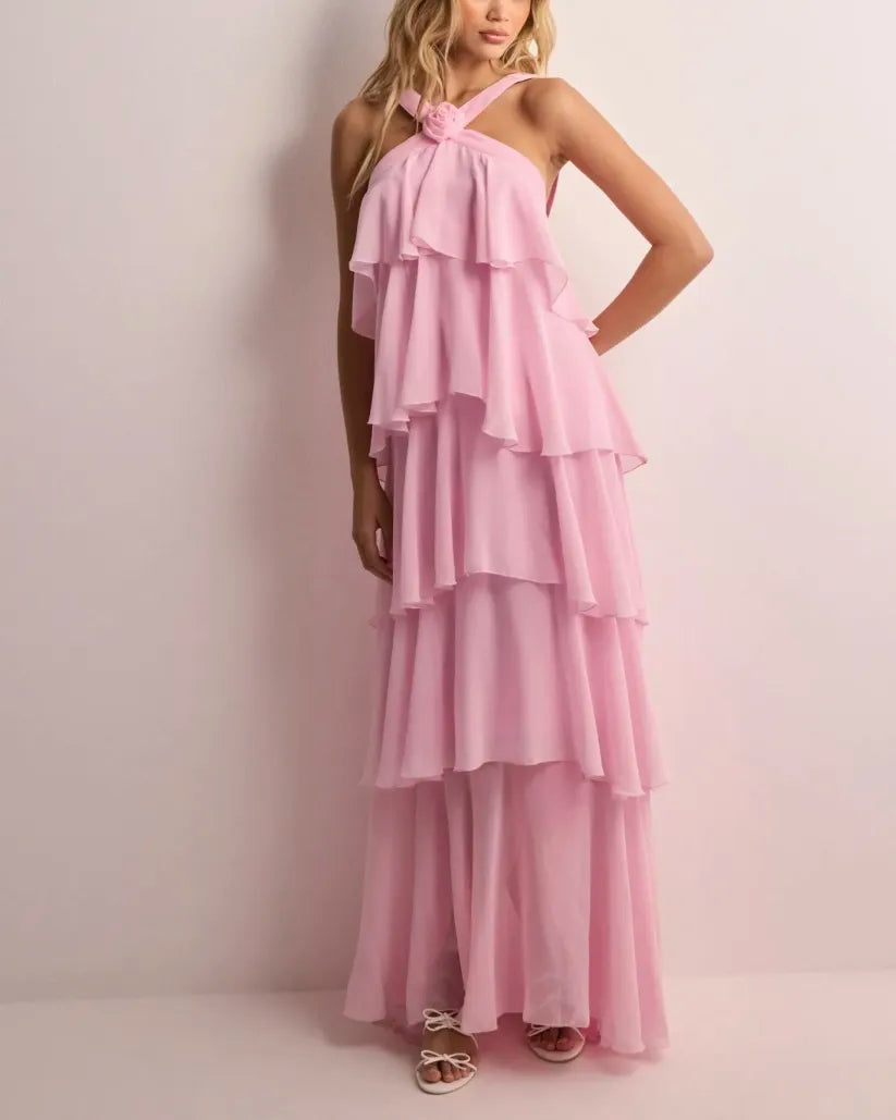 Maxikleid für Damen mit Rüschen und Rückenausschnitt sowie Neckholder-Ausschnitt