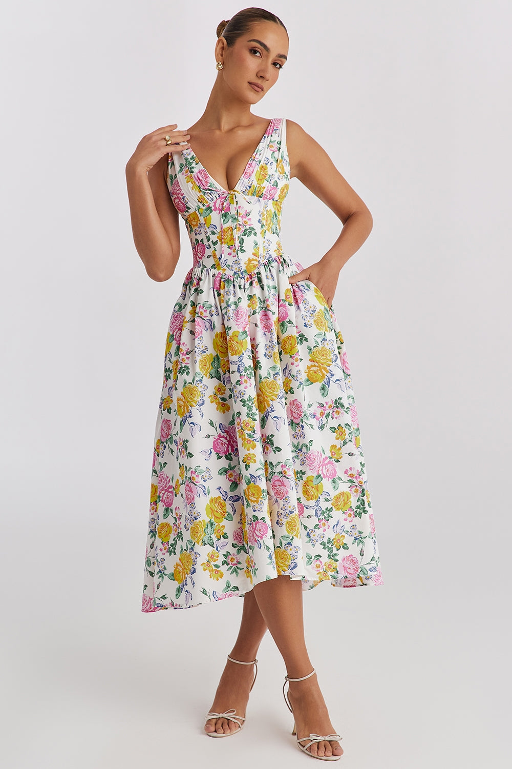 Ärmelloses Midikleid aus Baumwolle mit Blumenmuster und Taschen für Damen