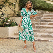 Damen Midikleid mit V-Ausschnitt und Puffärmeln für den Sommer
