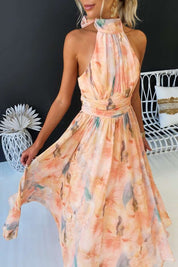 Maxikleid für Damen mit Blumenmuster und Neckholder-Ausschnitt aus Chiffon-Mischgewebe