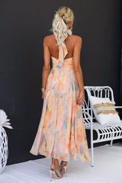 Maxikleid für Damen mit Blumenmuster und Neckholder-Ausschnitt aus Chiffon-Mischgewebe