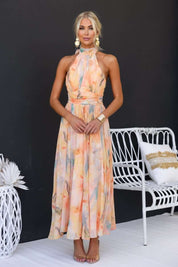 Maxikleid für Damen mit Blumenmuster und Neckholder-Ausschnitt aus Chiffon-Mischgewebe