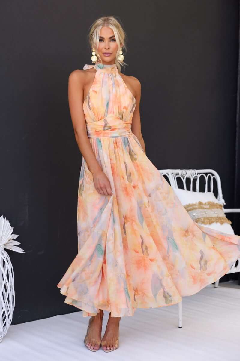 Maxikleid für Damen mit Blumenmuster und Neckholder-Ausschnitt aus Chiffon-Mischgewebe