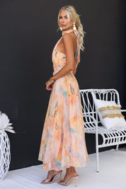 Maxikleid für Damen mit Blumenmuster und Neckholder-Ausschnitt aus Chiffon-Mischgewebe