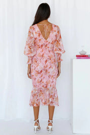 Damen-Midikleid mit Blumenmuster, Puffärmeln und gerüschtem Saum
