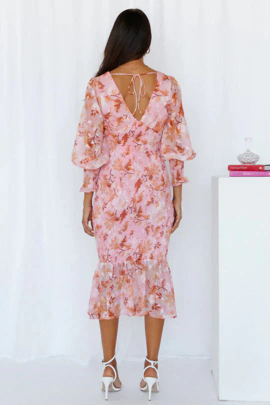 Damen-Midikleid mit Blumenmuster, Puffärmeln und gerüschtem Saum