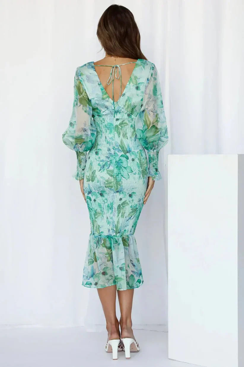 Damen-Midikleid mit Blumenmuster, Puffärmeln und gerüschtem Saum