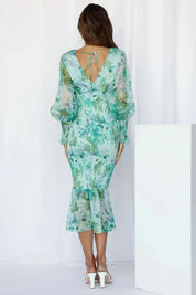 Damen-Midikleid mit Blumenmuster, Puffärmeln und gerüschtem Saum