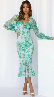 Damen-Midikleid mit Blumenmuster, Puffärmeln und gerüschtem Saum