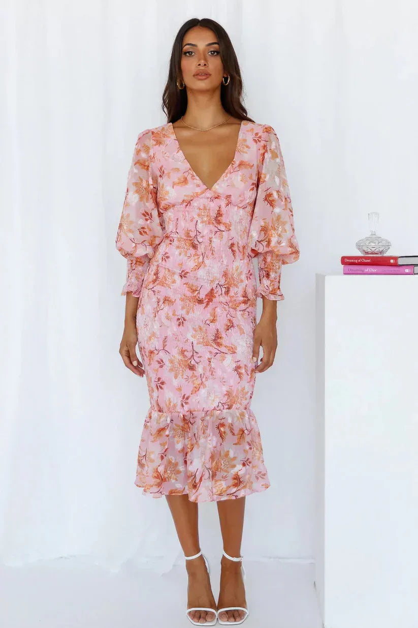 Damen-Midikleid mit Blumenmuster, Puffärmeln und gerüschtem Saum