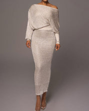 Damen-Maxikleid aus Strick mit langen Ärmeln und schulterfreiem Ausschnitt