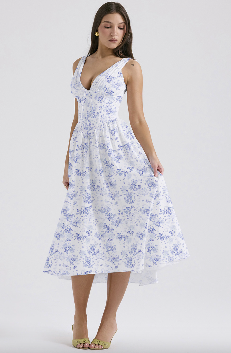Ärmelloses Midikleid aus Baumwolle mit Blumenmuster und Taschen für Damen