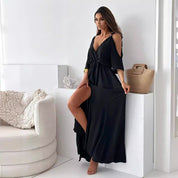 Rotes Maxikleid für Damen mit V-Ausschnitt, Seitenschlitz und Flatterärmeln