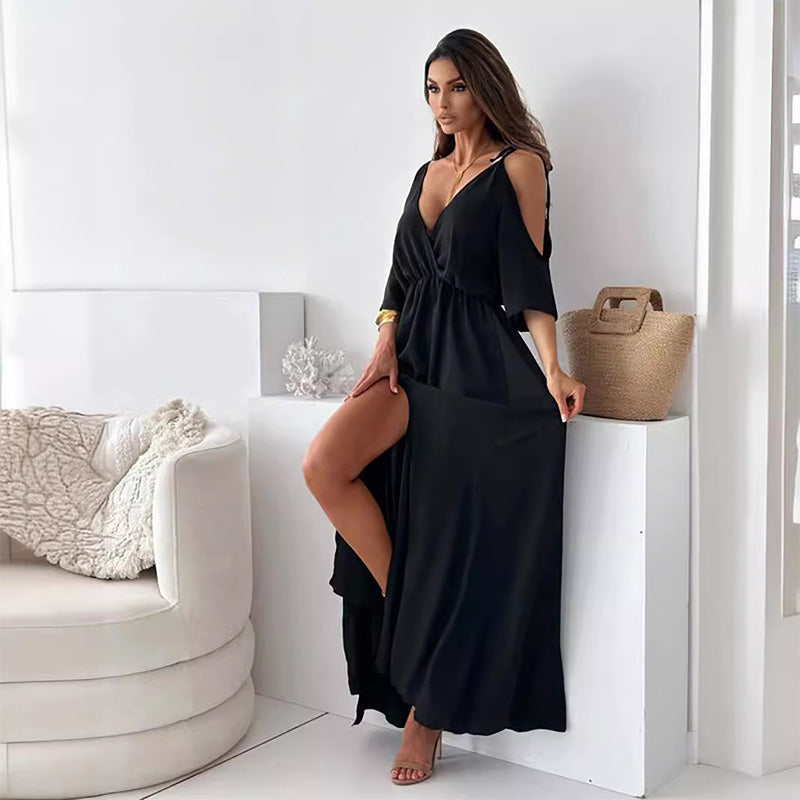 Rotes Maxikleid für Damen mit V-Ausschnitt, Seitenschlitz und Flatterärmeln