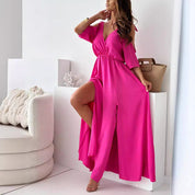 Rotes Maxikleid für Damen mit V-Ausschnitt, Seitenschlitz und Flatterärmeln