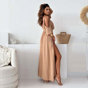Rotes Maxikleid für Damen mit V-Ausschnitt, Seitenschlitz und Flatterärmeln