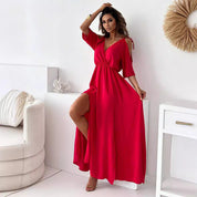 Rotes Maxikleid für Damen mit V-Ausschnitt, Seitenschlitz und Flatterärmeln