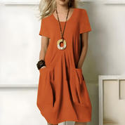 Damen-Midikleid mit kurzen Ärmeln, Rundhalsausschnitt und Taschen
